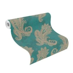 Vliestapete Rasch 746457 Ornamente Petrol Gold Metallic -A.S. Creation Verkäufe Rasch Vliestapete Paisley Muster Petrol Gold Metallic 746457 63216019 2