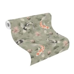 Tapete Vlies Rasch Seerosen Koi Fisch Grün Rosa 409437
